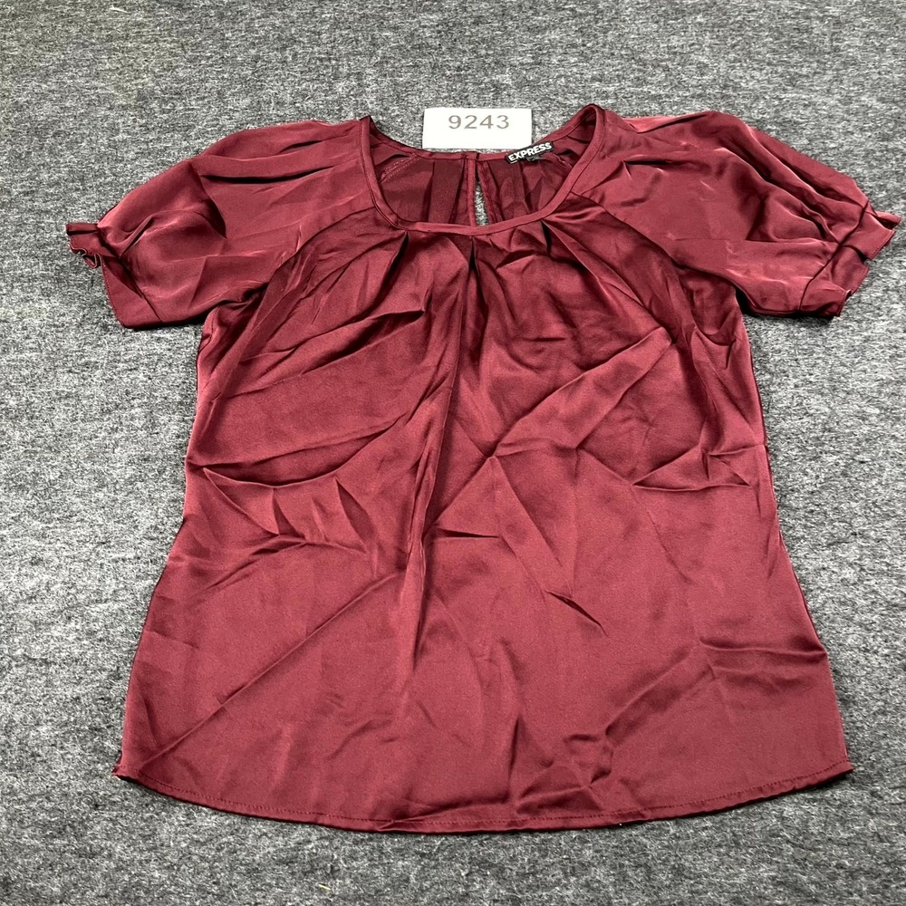 Express‎ Blouse Top Womens Small Burgundy Satin Scoop Neck Pleated Keyhole Back
